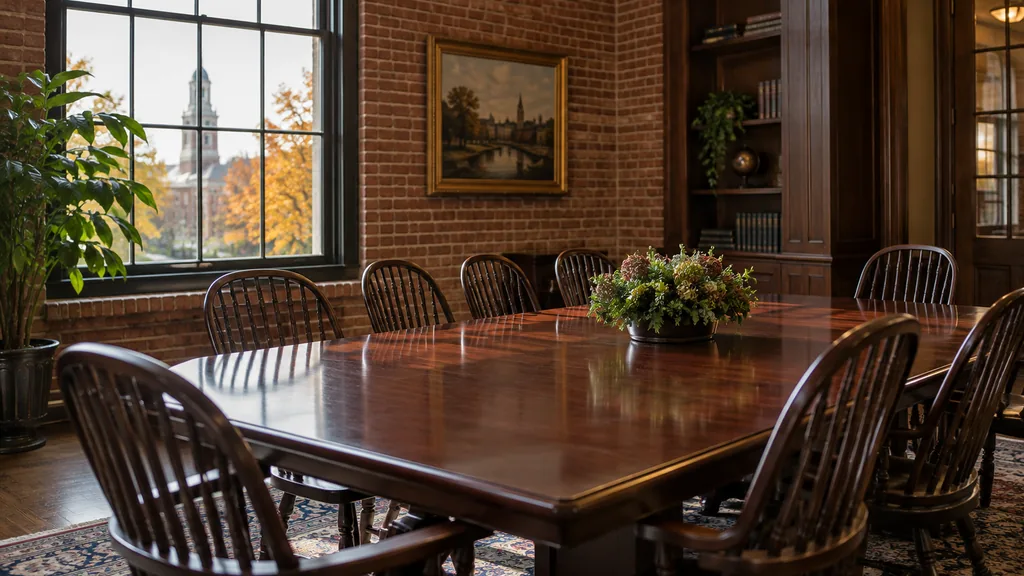 Wealth management office setting: a traditional Philadelphia wealth firm boardroom with red brick walls, a mahogany table, Windsor chairs and soft autumn daylight