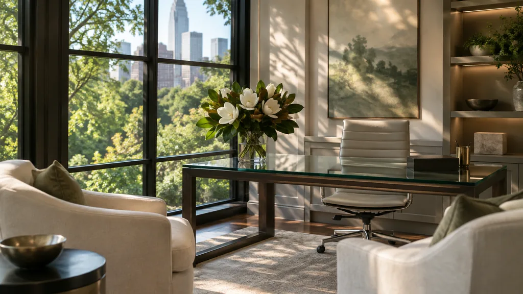 Wealth management office setting: a calm Atlanta wealth management office with a magnolia arrangement, cream armchairs, a glass desk and dappled green-filtered sunlight