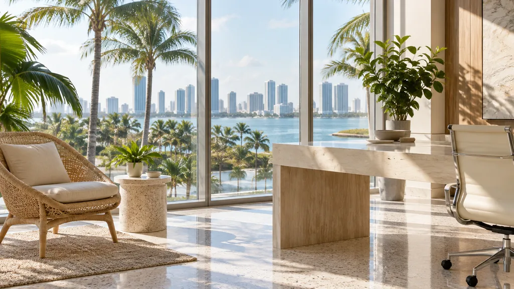 Wealth management office setting: an airy Miami private wealth office with white terrazzo floors, a rattan lounge chair, tall palms outside and bright coastal sunlight