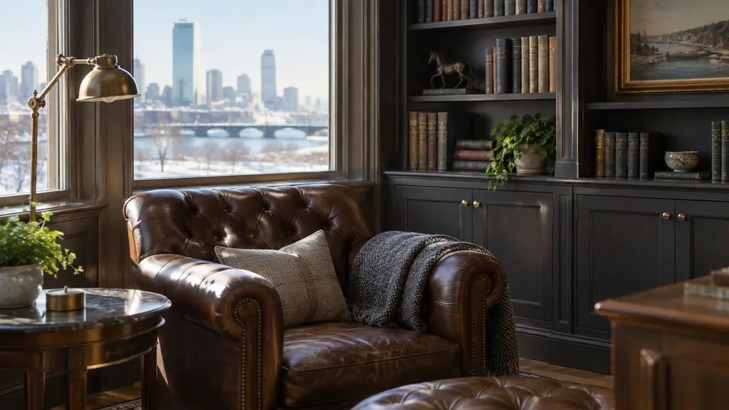 Wealth management office setting: a quiet Boston wealth advisory library with built-in bookshelves, a tufted leather chair, a brass reading lamp and crisp winter daylight