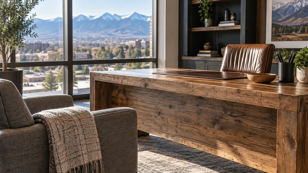 Wealth management office setting: a bright Denver private wealth office with a reclaimed timber desk, a wool throw on a grey armchair and crisp mountain morning light through wide windows