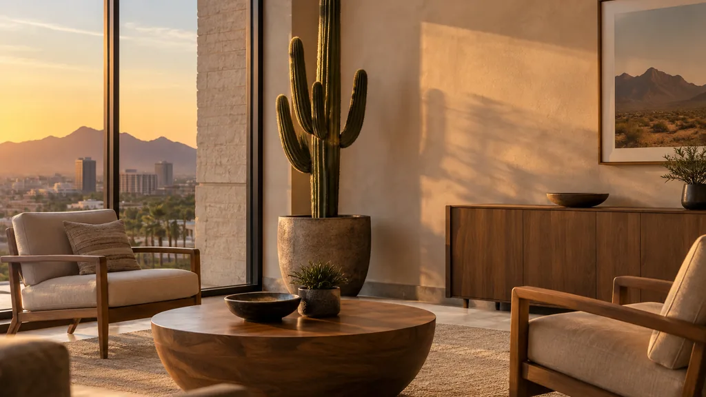 Wealth management office setting: a calm Phoenix wealth management office with a sand-coloured plaster wall, a potted saguaro, a low teak table and soft desert sunset light