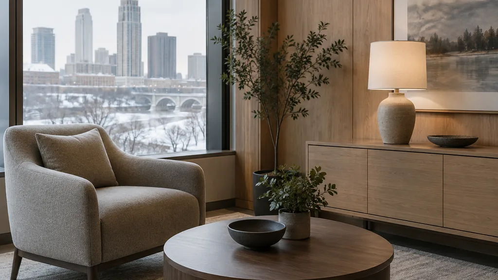 Wealth management office setting: a quiet Minneapolis wealth advisory room with birch panelling, a felt-covered lounge chair, a ceramic lamp and pale snowy daylight