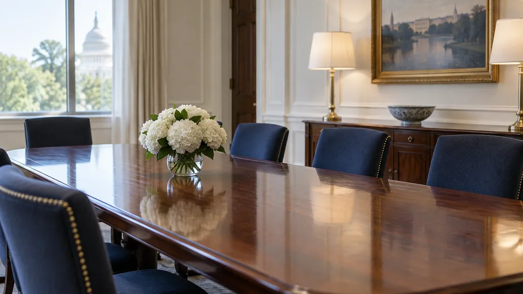 Wealth management office setting: a formal Washington DC wealth firm meeting room with a cherry wood table, navy upholstered chairs, white moulding and soft spring daylight