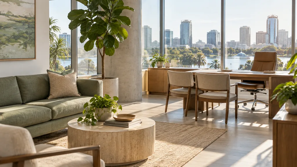 Wealth management office setting: an open Orlando wealth advisory office with pale wood floors, a sage green sofa, a tall fiddle-leaf fig and bright Florida morning sun