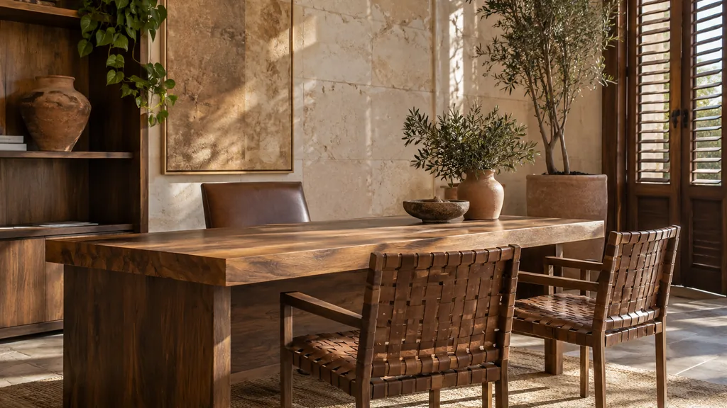 Office setting: a cool limestone-walled office with a mesquite table, woven leather chairs, terracotta pots and warm afternoon light through wooden shutters