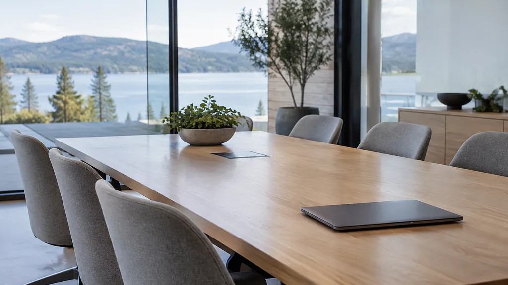 Office setting: a modern glass-walled meeting room with a long maple table, grey chairs, a closed laptop and cool lakeside daylight