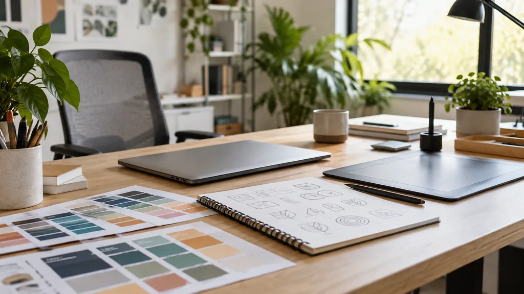 An empty design studio desk in a bright software startup design studio with a large desk, printed brand color swatches, a sketchbook with icon drafts, a closed laptop, a pen tablet and a potted plant, soft daylight