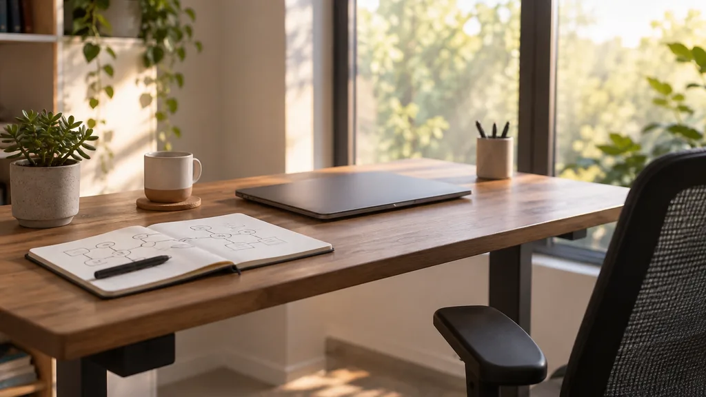 An empty office corner desk in a calm software company office corner with a standing desk, a closed laptop, a coffee mug, a notebook with a hand-drawn customer journey flow and a small succulent, soft morning light