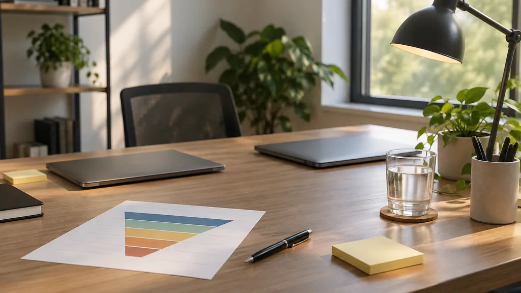 An empty analytics desk in a quiet analytics desk in a software company office with two closed laptops, a printed funnel chart on paper, sticky notes, a desk lamp and a glass of water, soft afternoon light