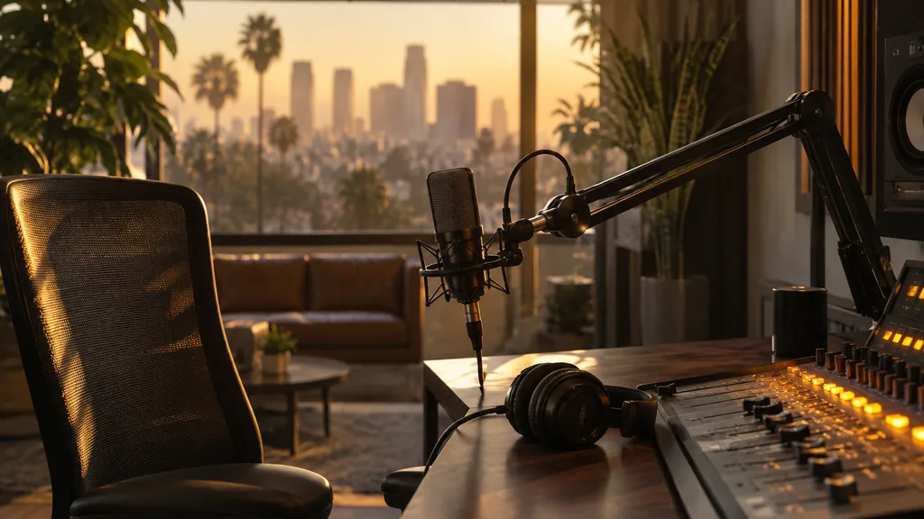 Everyday business setting for Los Angeles podcast marketing work: a Los Angeles podcast studio with a condenser microphone, a soundboard with glowing faders and warm golden hour light through blinds