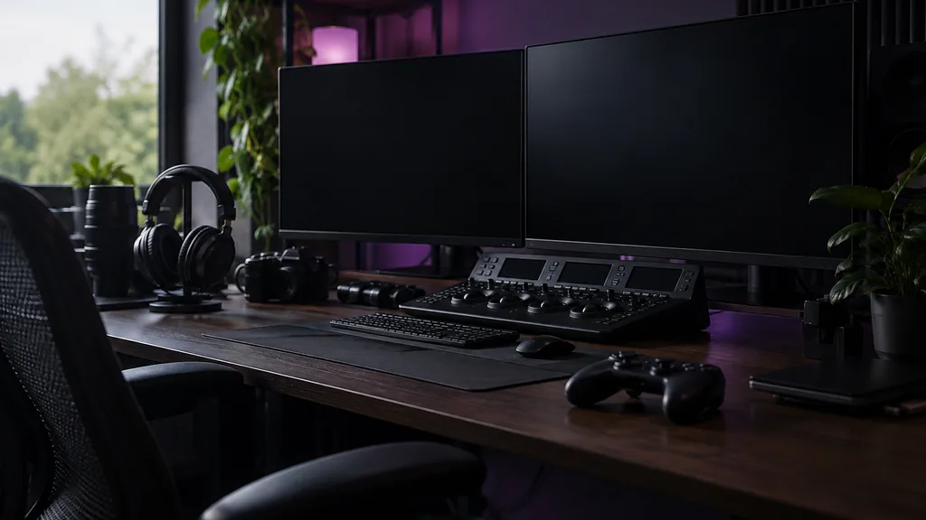 An empty video editing suite in a dark video editing suite with two large blank monitors switched off, a game controller on the desk, studio headphones, a colour grading panel and soft purple ambient light