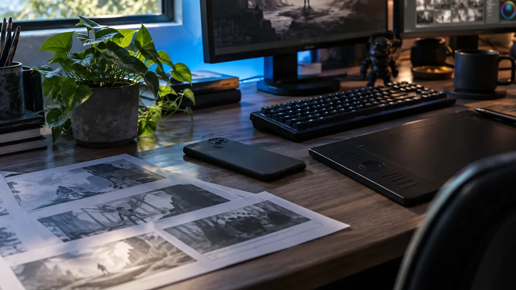 An empty creative desk in a game studio creative desk with a smartphone lying face down, a pen tablet, printed storyboard frames without text, a mechanical keyboard and a small plant, cool neon side light