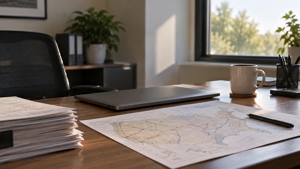An empty freight brokerage office corner: a quiet freight brokerage office corner with a closed laptop, a printed lane map with hand-drawn routes, a stack of shipping manifests face down, a coffee mug and soft morning window light