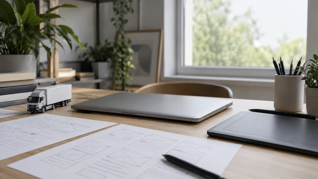 An empty design studio desk: a design studio desk with a closed laptop, paper wireframe sketches of website layouts with boxes only, a toy model truck, a pen tablet and cool daylight