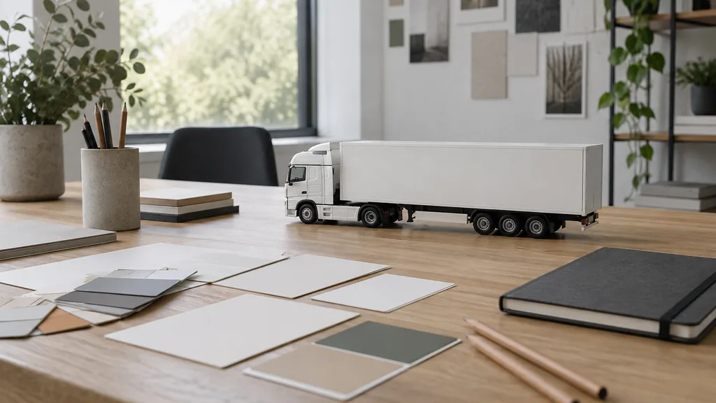 An empty branding studio table: a branding studio table with blank colour swatch cards, a small model semi-trailer painted plain white, pencils, a closed sketchbook and soft north light