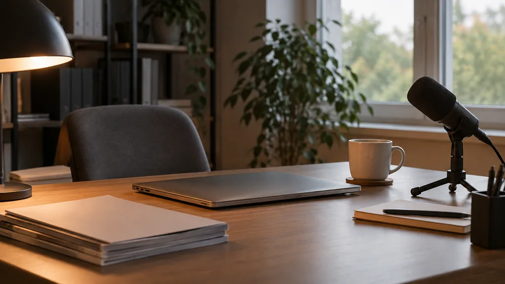 An empty press office desk: a quiet press office desk with a closed laptop, folded trade magazines with blank covers, a microphone on a small stand, a coffee cup and soft evening lamp light