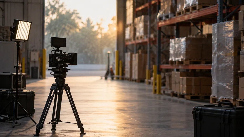 An empty warehouse aisle: a warehouse aisle at dawn with a cinema camera on a tripod, a small LED light panel and pallet racks softly out of focus, no people