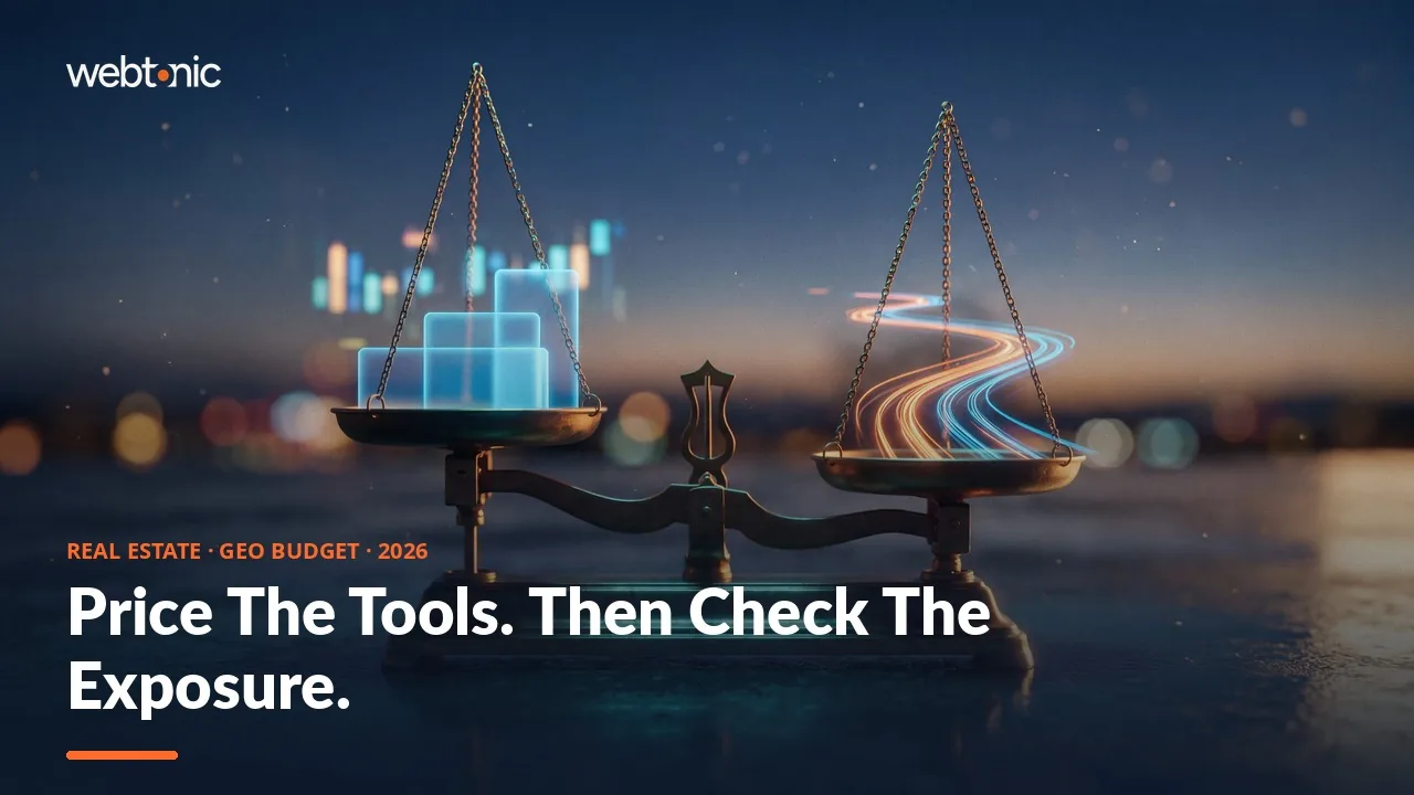 Realtor generative engine optimization budget thumbnail showing a 4.48 percent real estate AI Overview rate and AI-visibility tools from USD 29 a month