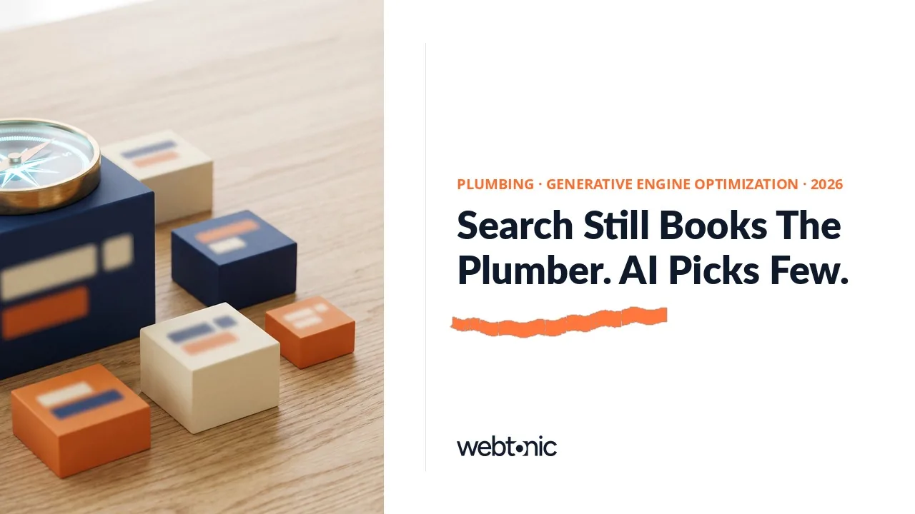 Plumbing generative engine optimization statistics thumbnail showing 45 percent of consumers using AI for local recommendations and ChatGPT recommending 1.2 percent of locations