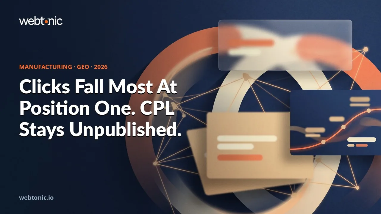 Manufacturing and industrial GEO benchmarks thumbnail showing a 58 percent lower top-result click-through rate when AI Overviews appear and no published GEO cost per lead