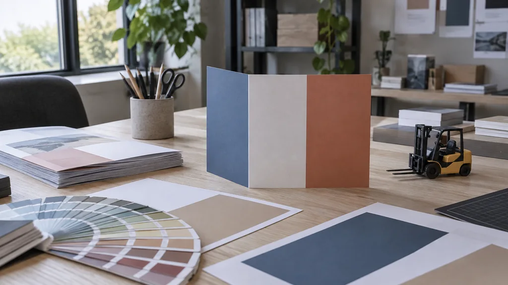 An empty graphic design studio table: a graphic design studio table with blank printed brochure mockups, a folded trifold with only colour blocks, a pantone fan, a small model forklift, a pencil cup and soft north light