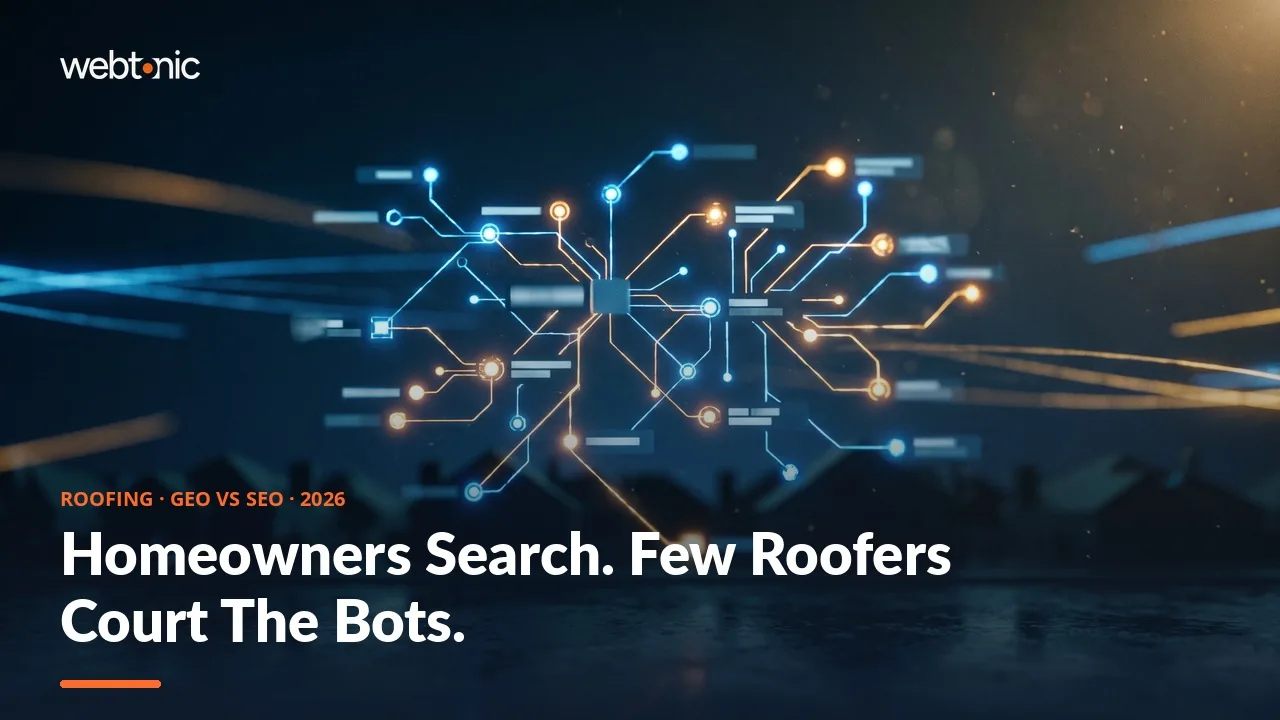 Roofing GEO vs SEO statistics thumbnail showing 50 percent of homeowners using search engines to find a roofer and 11 percent of contractors using AI search services