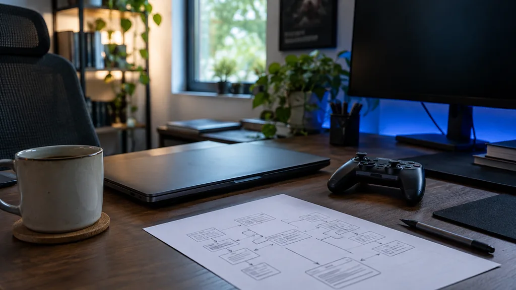 An empty game studio corner: a quiet game studio corner with a closed laptop, a game controller, a printed sitemap sketch with boxes and arrows, a coffee mug and soft blue monitor glow from a switched-off screen