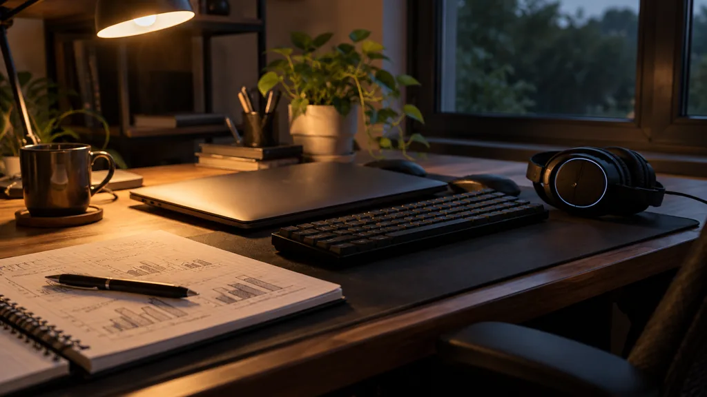An empty media buyer desk: a media buyer desk at night with a closed laptop, a mechanical keyboard, a gaming headset, a notebook with hand-drawn bar charts and warm lamp light