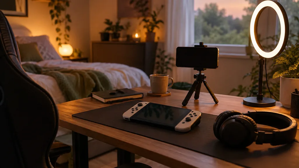 An empty bedroom gaming setup: a cosy bedroom gaming setup with a smartphone on a small tripod, a handheld console, a ring light, headphones on a desk and warm evening light