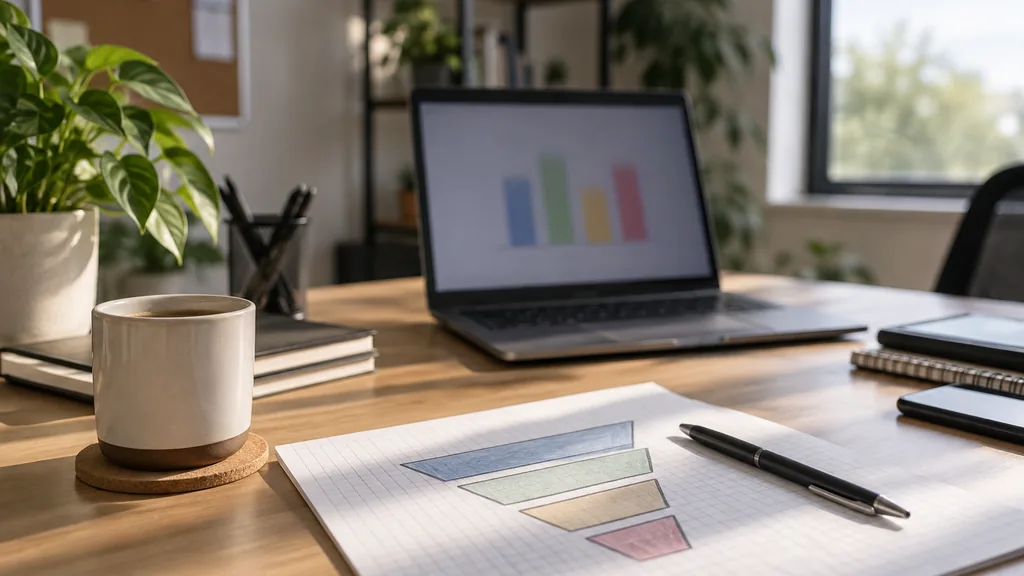 An empty university marketing office desk: a university marketing office desk with a laptop showing only blurred abstract coloured bars, a printed funnel sketch on graph paper, a pen, a coffee cup and soft afternoon light