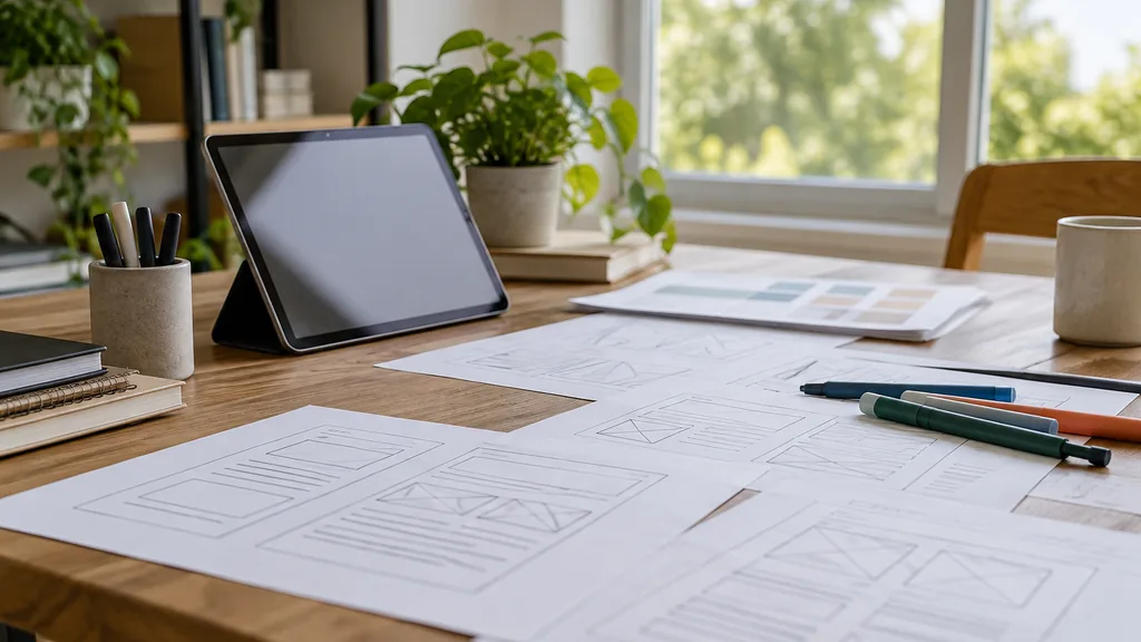 An empty design studio table: a design studio table with paper wireframe sketches of web page layouts using only boxes and lines, a tablet with a blank screen, coloured markers and soft north light
