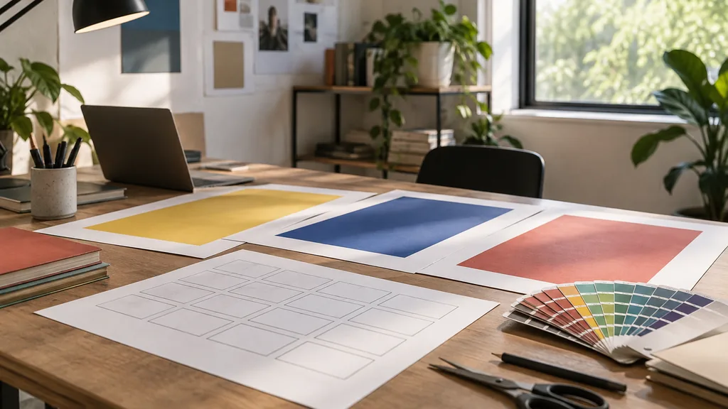 An empty creative agency table: a creative agency table with blank printed poster proofs in bold colour blocks, a storyboard grid with empty frames, a pantone fan, scissors and soft studio light