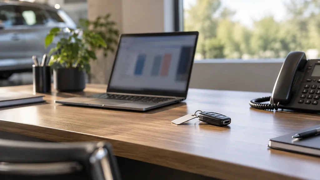 An empty dealership sales office desk: a dealership sales office desk with a laptop showing only blurred abstract coloured bars, a desk phone, a set of car keys on a tag and soft afternoon window light