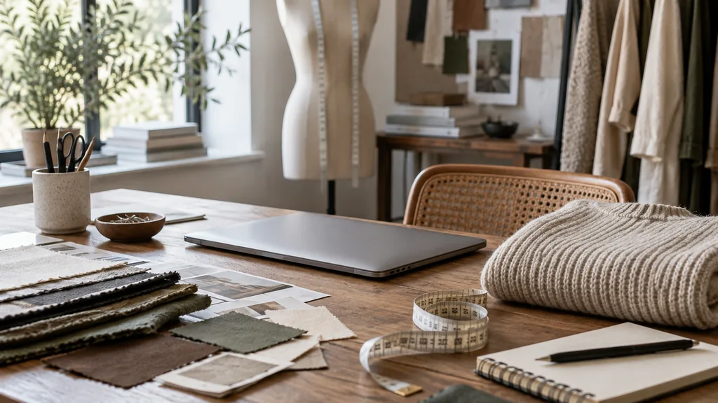 An empty fashion studio desk: a fashion studio desk with a closed laptop, a folded knit sweater, fabric swatches, a tape measure and a small notebook under soft window light