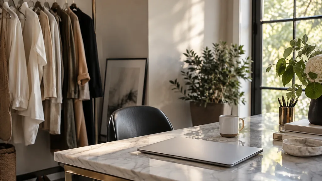 An empty boutique office corner: a quiet boutique office corner with a garment rail of neutral clothes, a closed laptop on a marble desk, a coffee cup and soft afternoon light