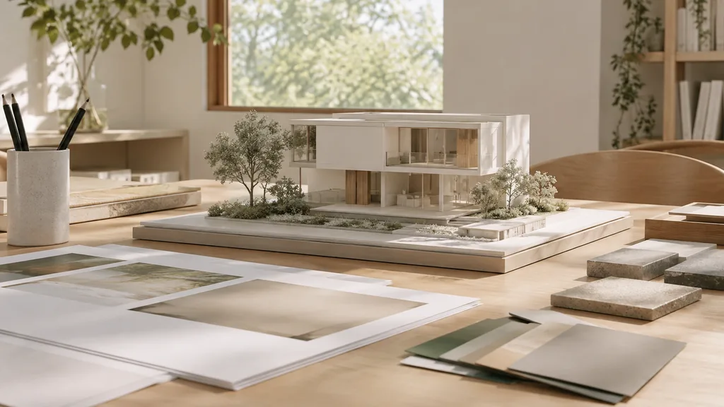 An empty architecture model table: an architecture model of an unnamed modern residential building on a studio table with blank printed brochure proofs, colour swatches and soft daylight