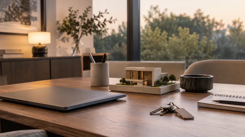 An empty sales gallery desk: a real estate sales gallery desk with a closed laptop, a small architectural model, a set of keys on a tag and a notepad under calm evening light