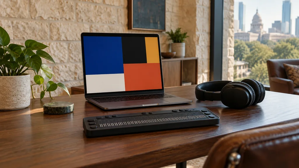 Workspace setting for a Austin website accessibility agency: an Austin office with limestone walls and warm light, a laptop whose screen shows only abstract high-contrast colored blocks, a refreshable braille display and over-ear headphones on a wooden desk