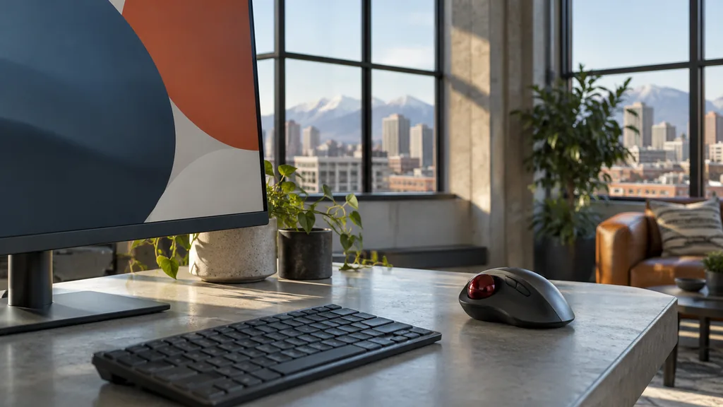 Workspace setting for a Denver website accessibility agency: a Denver loft office with large windows and soft mountain daylight, a monitor showing only abstract large colored shapes, an adaptive trackball mouse and a keyboard on a concrete desk