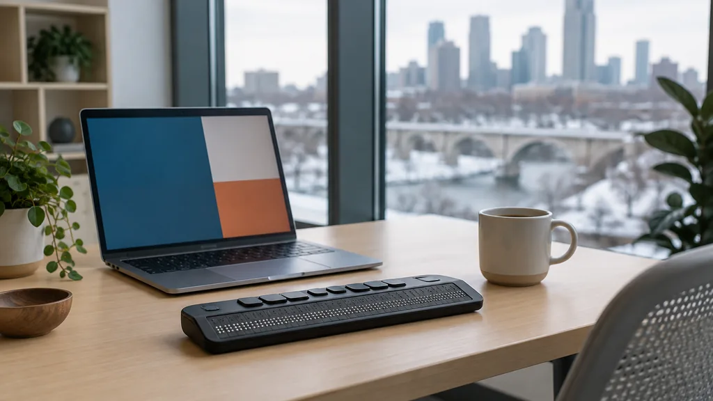 Workspace setting for a Minneapolis website accessibility agency: a Minneapolis office with snow light through tall windows, a laptop showing only abstract colored blocks, a braille display and a cup of coffee on a light birch desk