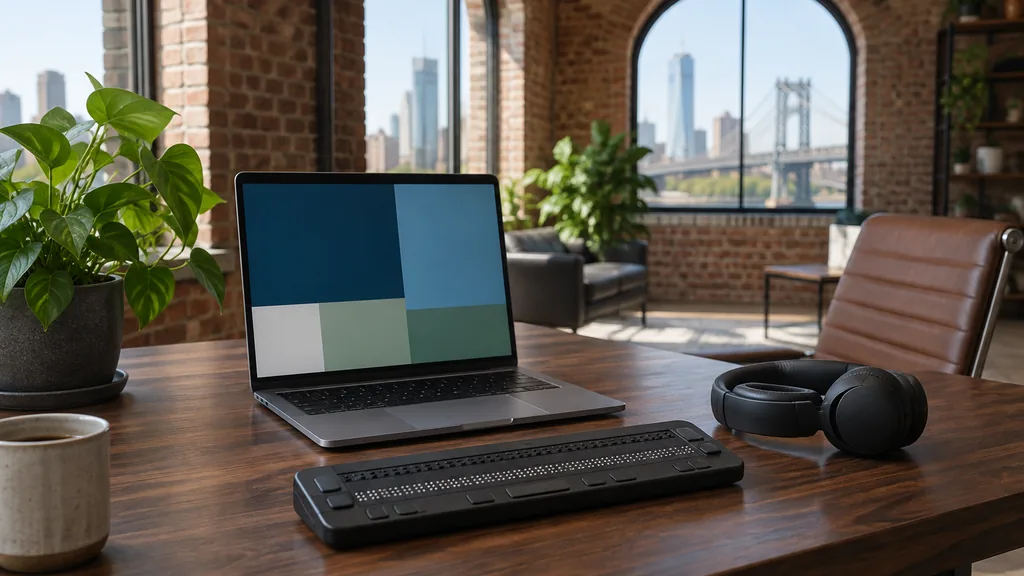 Workspace setting for a Philadelphia website accessibility agency: a Philadelphia brick-walled office with arched windows, a laptop whose screen shows only abstract colored blocks, a refreshable braille display and headphones on a walnut desk