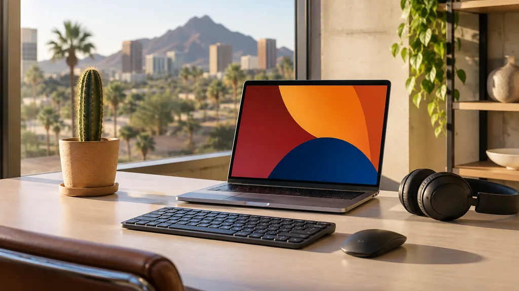 Workspace setting for a Phoenix website accessibility agency: a Phoenix office with warm desert light and a potted cactus, a laptop showing only abstract high-contrast colored shapes, a large-key keyboard and headphones on a pale desk