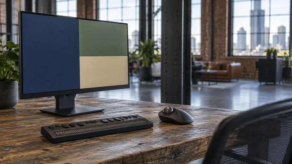 Workspace setting for a Detroit website accessibility agency: a Detroit industrial-loft office with steel beams and big windows, a monitor showing only abstract colored blocks, a braille display and an adaptive mouse on a reclaimed-wood desk