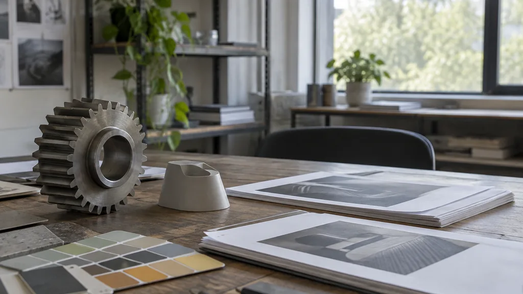 An empty industrial design studio table: an industrial design studio table with a machined steel gear, blank printed trade magazine proofs, a small unbranded product sample and colour swatches under soft north light