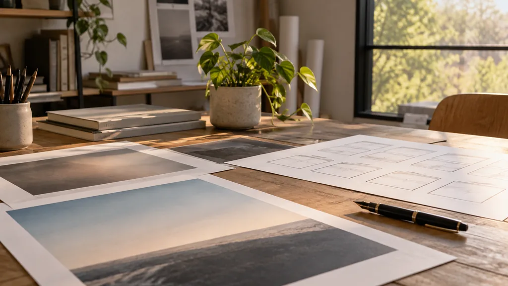An empty creative studio table: a quiet creative studio table with blank printed billboard proofs, a storyboard of empty frames, a fountain pen and a small potted plant under warm afternoon light