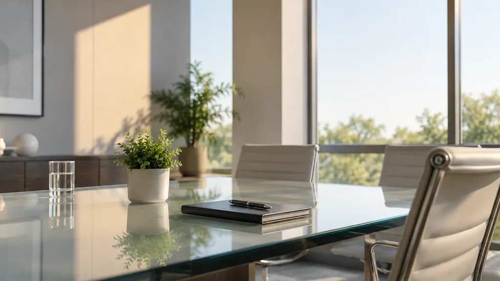 An empty bank meeting room: an empty modern bank office meeting room with a glass table, a closed notebook and pen, a small plant and soft afternoon light through tall windows showing only blank sky