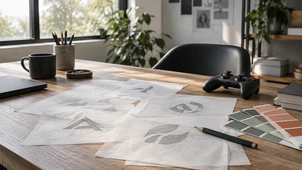 An empty design studio desk: an empty design studio desk with printed logo sketches on tracing paper, a game controller, colour swatch cards and a pencil, soft window light