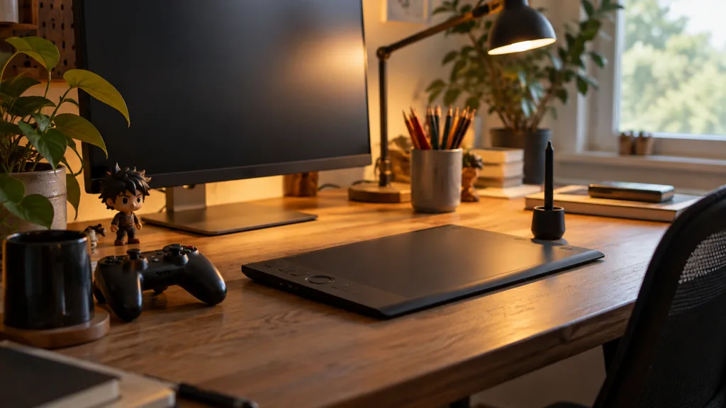 An empty illustrator workstation: an empty illustrator workstation with a drawing tablet and stylus, a game controller, colour pencils and a small figurine on a wooden desk, warm lamp light
