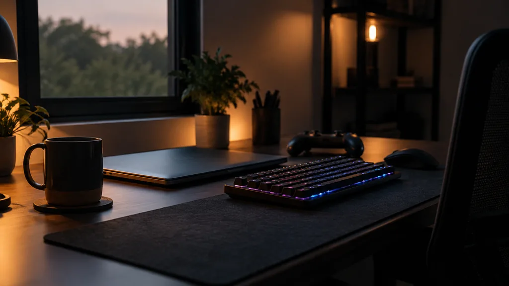 An empty developer desk: an empty developer desk with a closed laptop, a mechanical keyboard with soft RGB glow, a game controller and a coffee mug, dim evening light